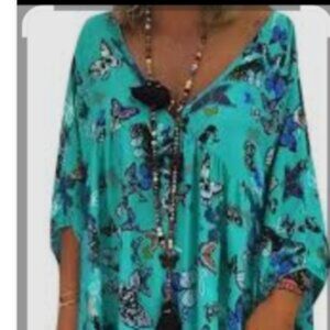 Share Women's Plus Size Midi Dress Butterfly BEAUTIFUL turquoise Blue 8 XL NWOT